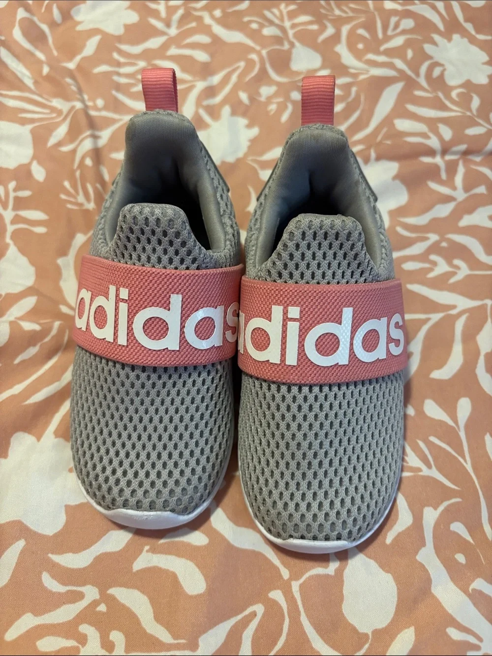 adidas Kids Gray Mesh Slip-On Sneakers with Pink Logo Strap